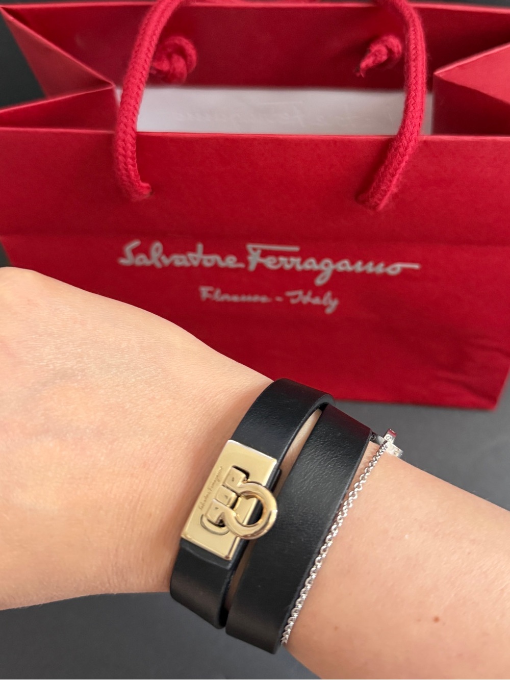Salvatore Ferragamo Black Leather Double Wrap Bracelet with Gold Logo Clasp - Picture 6 of 7